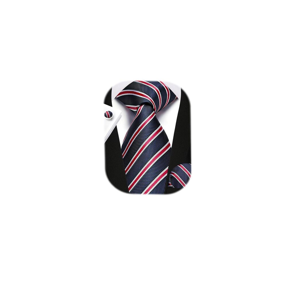 5111 Stripe Ties Navy Blue Red Ties Silk Tie and Pocket Square Set Formal